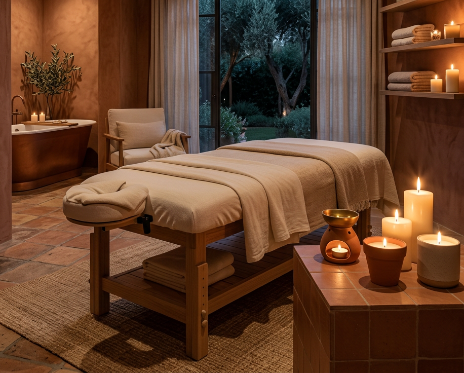Massage table with towels and lit candles in a warm-toned spa room with a large window showing trees outside