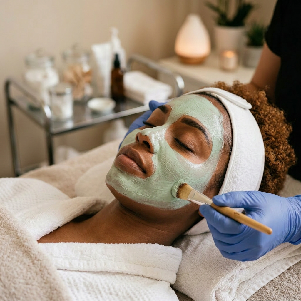 Woman with green facial mask being applied with brush